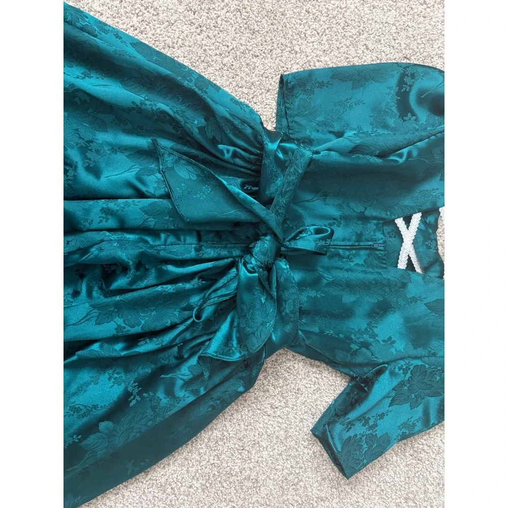 Vintage Disorderly Kids Emerald Green Floral Jacquard Dress Girls14 Made in USA